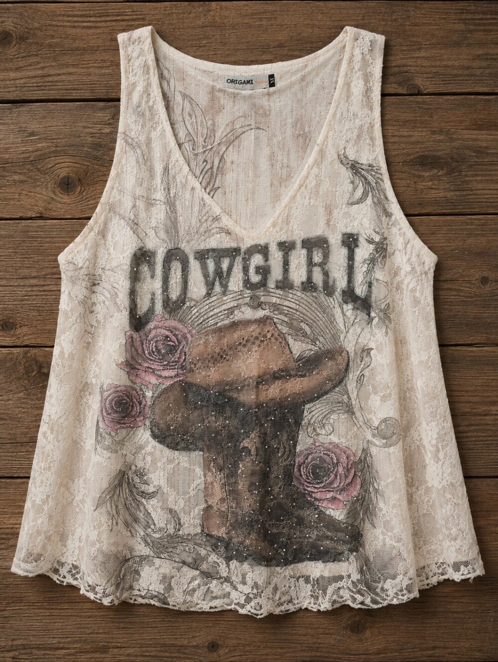 #1864 Origami Wild at Heart Cowgirl Lace Tank